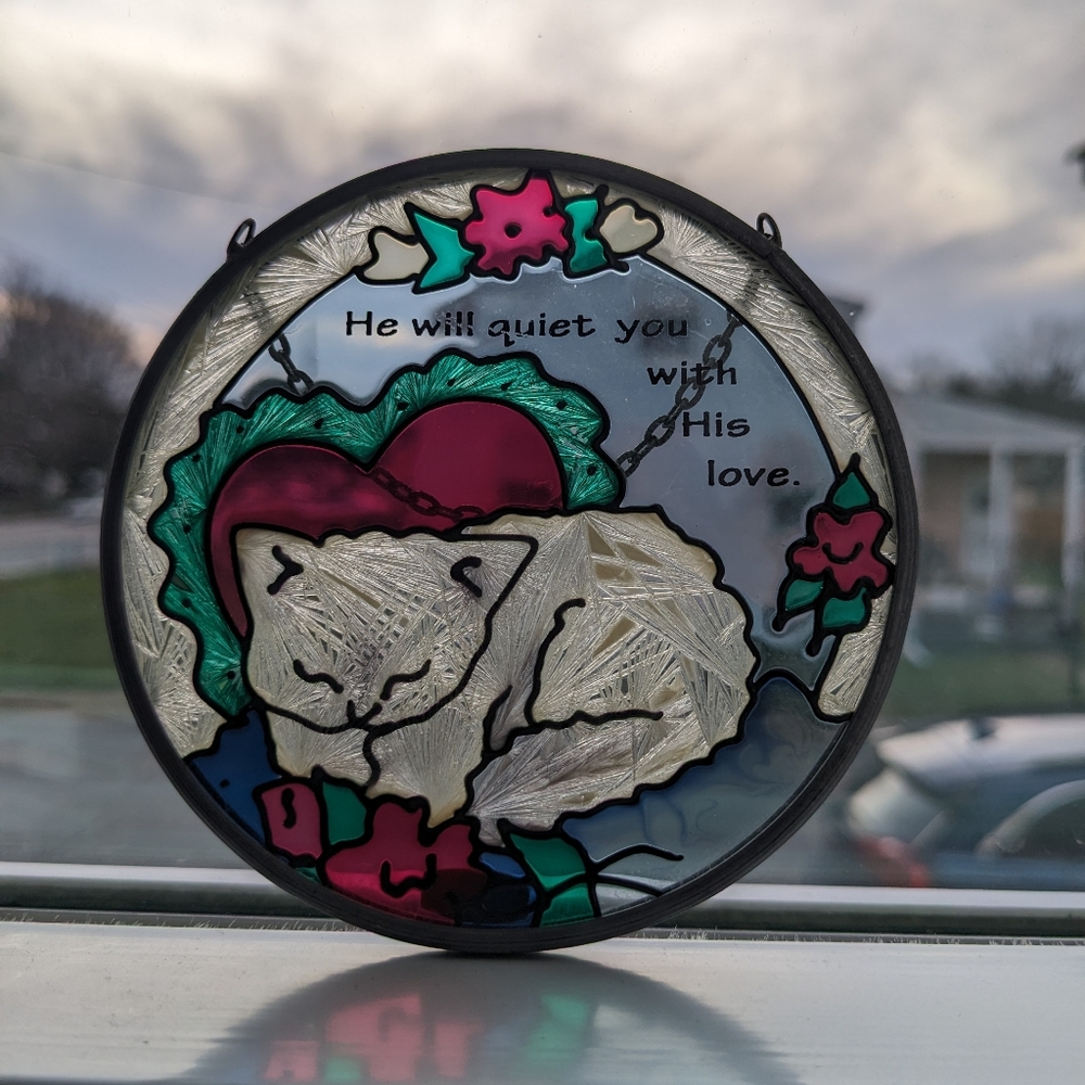 Vintage Hand Made Stained Glass Cat Hanging Suncatcher